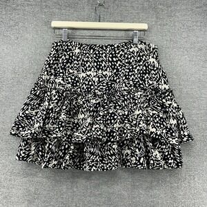 Maeve by Anthropologie Tiered Ruffle Mini Skirt Women Sz 10 Black White Abstract